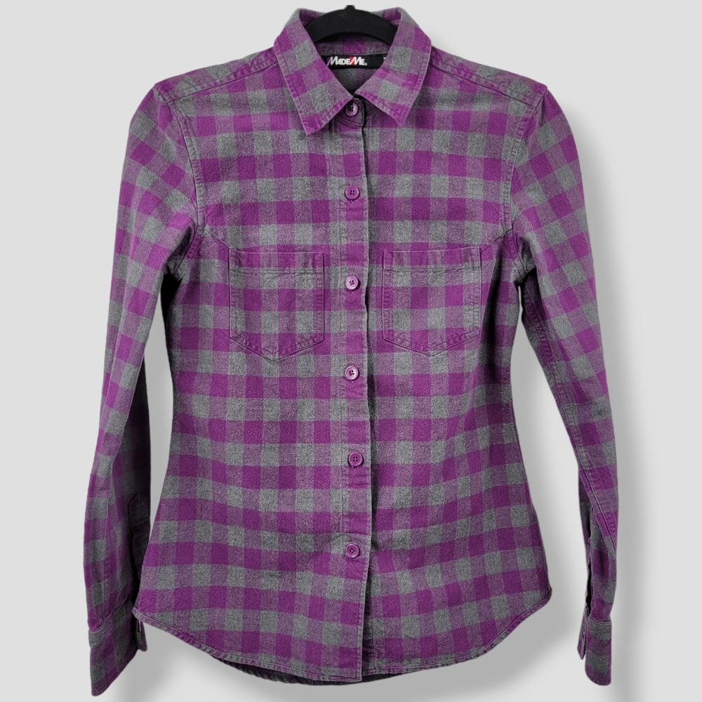Retro Y2K MadeMe Buffalo Check Plaid Flannel Button Down Shirt Purple